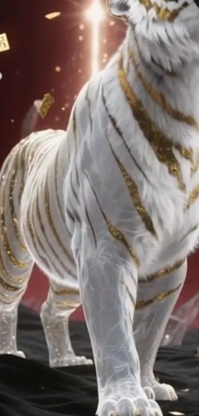 Majestic golden striped tiger on red background wallpaper.