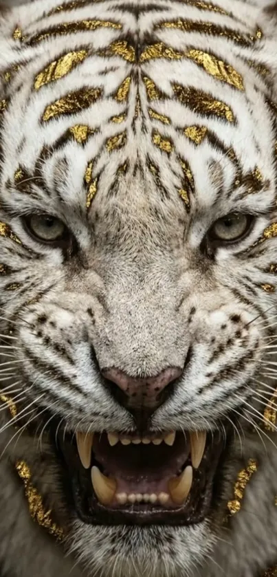 Golden accented white tiger face close-up wallpaper.