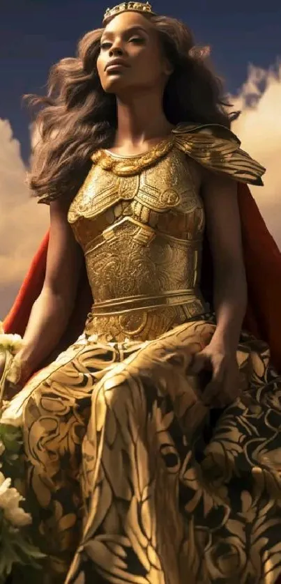 Majestic woman in golden armor with flowing gown and flowers, set against clouds.