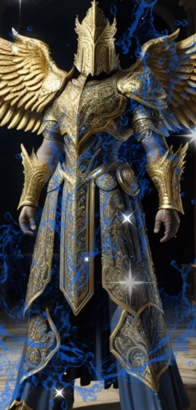 Majestic warrior in golden armor with radiant wings set against a dark background.