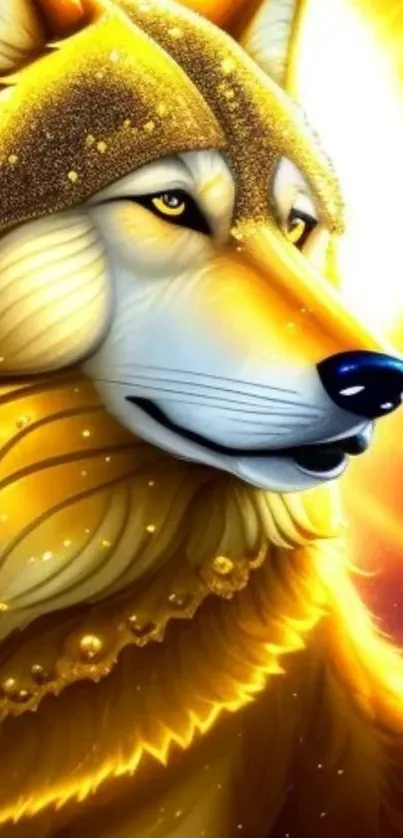 Golden wolf illustration with vibrant colors and glowing design.