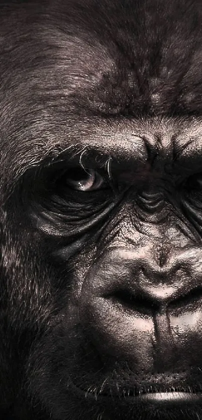 Close-up view of a gorilla face in high-resolution wallpaper.