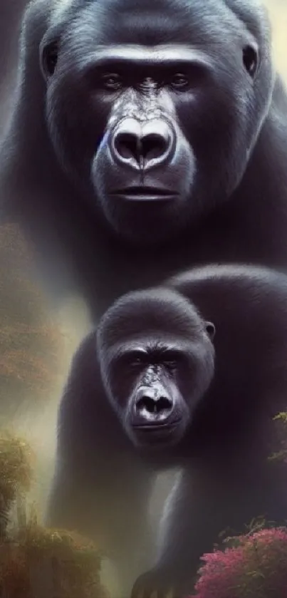 Artistic wallpaper of two gorillas in a mystical forest setting.