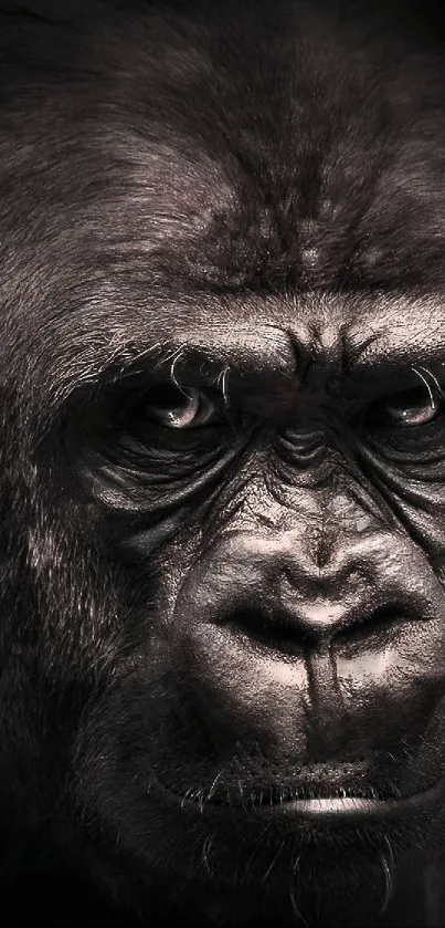 Close-up of a majestic gorilla face on a dark background.