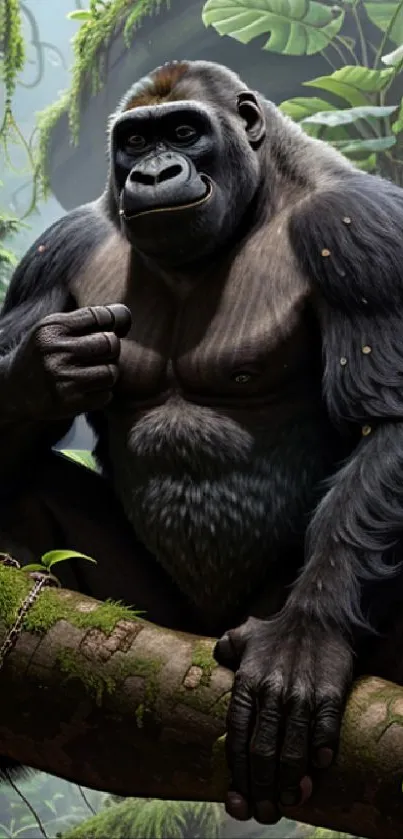 Gorilla on a tree branch surrounded by lush jungle foliage.