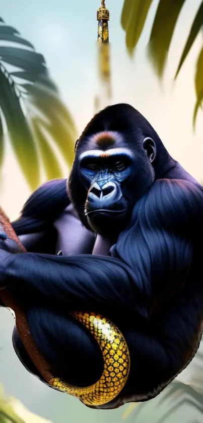 A majestic gorilla in an artistic jungle setting, perfect for mobile wallpaper.