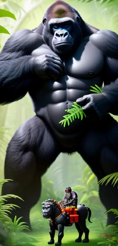 Majestic gorilla in a lush green jungle wallpaper for mobile.