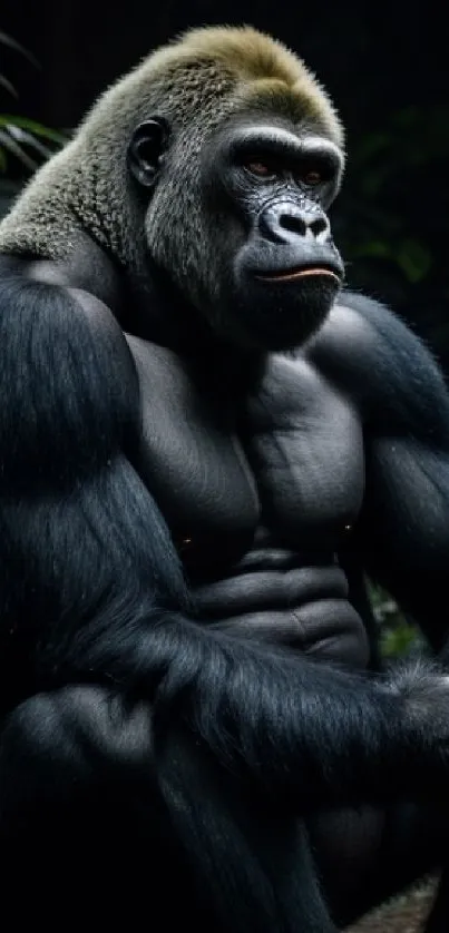 Majestic gorilla sitting gracefully in the jungle setting.