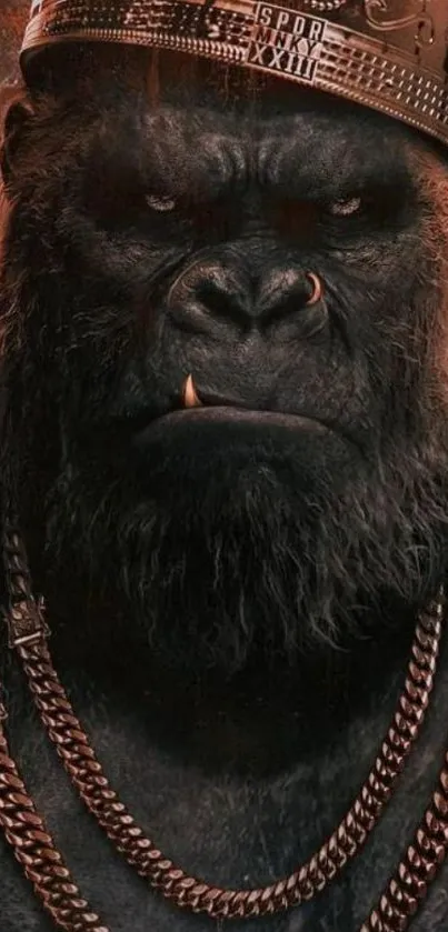 Majestic gorilla wearing a golden crown as a mobile wallpaper background.