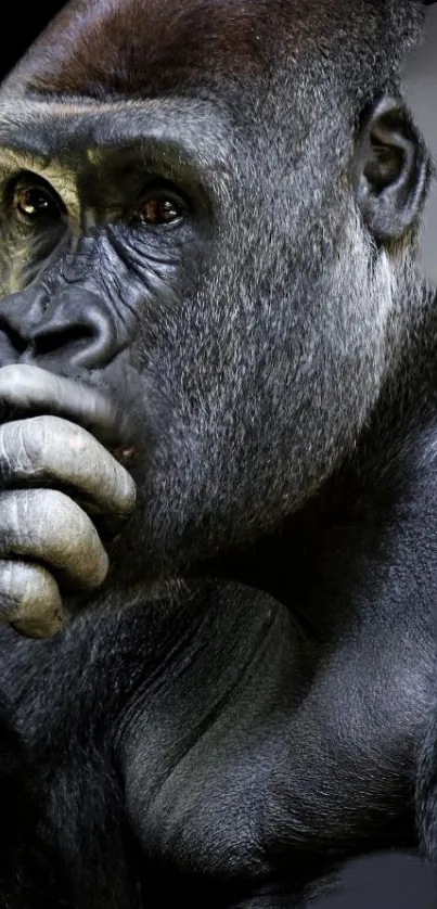 Majestic gorilla deep in thought on black background