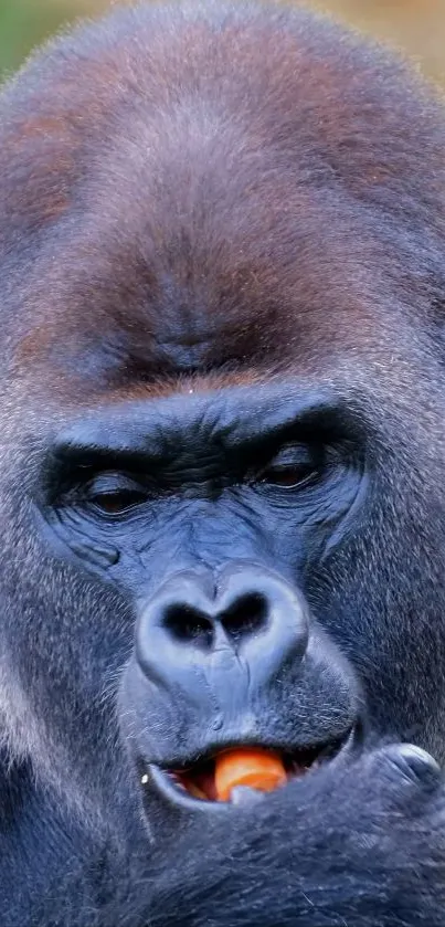 Close-up of a gorilla with a carrot in mouth.