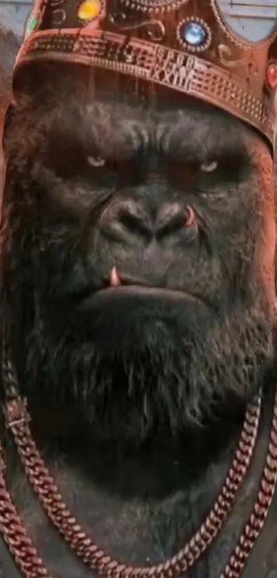 Gorilla wearing a jeweled crown and chains.