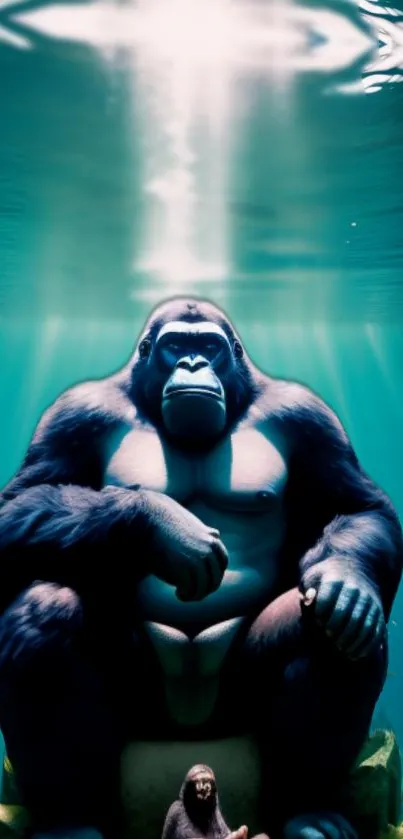 Gorilla seated underwater, surrounded by teal blue and light beams.