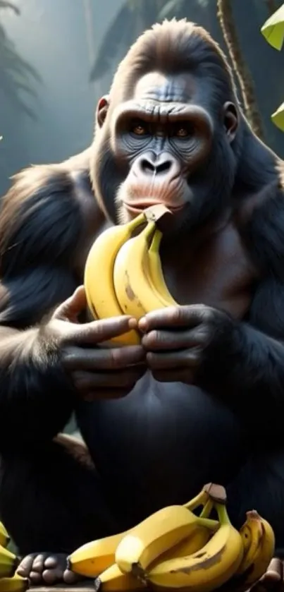 Gorilla holding a banana in a jungle.