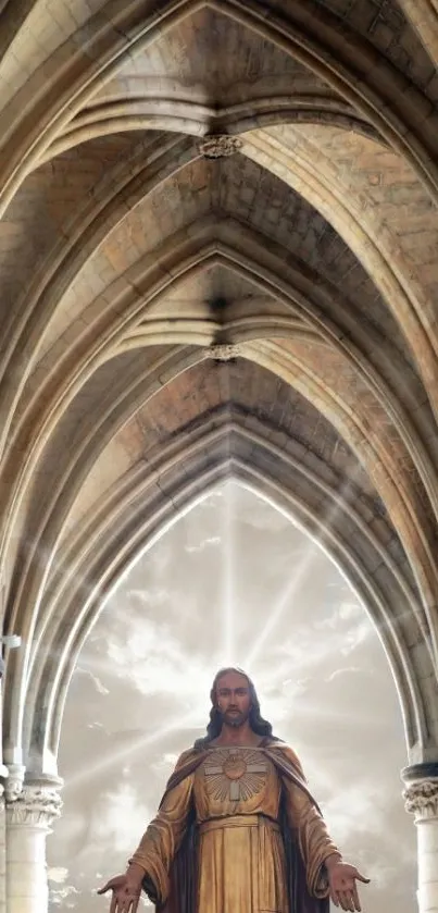 Statue under gothic arches with serene sky.