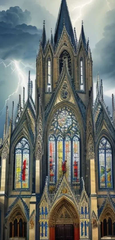 Gothic cathedral with stained glass windows and stormy sky.