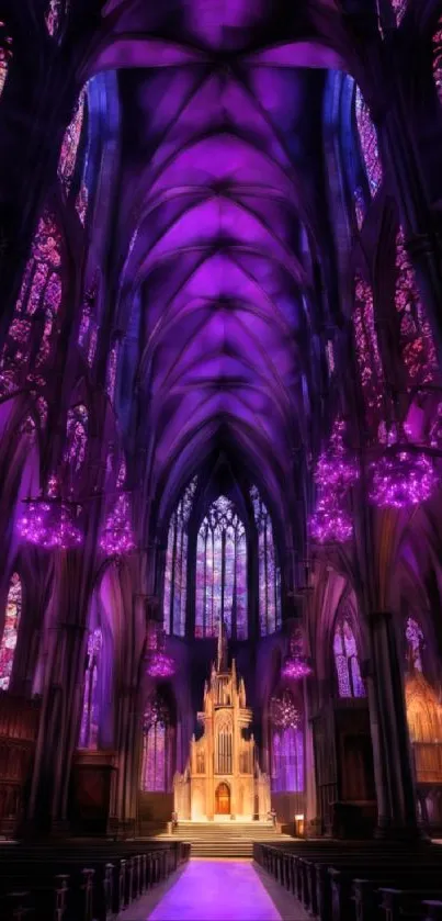 Gothic cathedral interior with vibrant purple lighting and grand architecture.