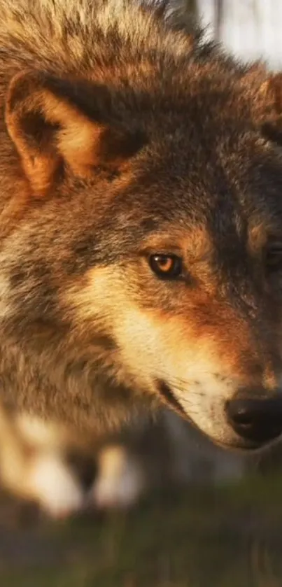 Close-up of a majestic gray wolf in a natural setting.