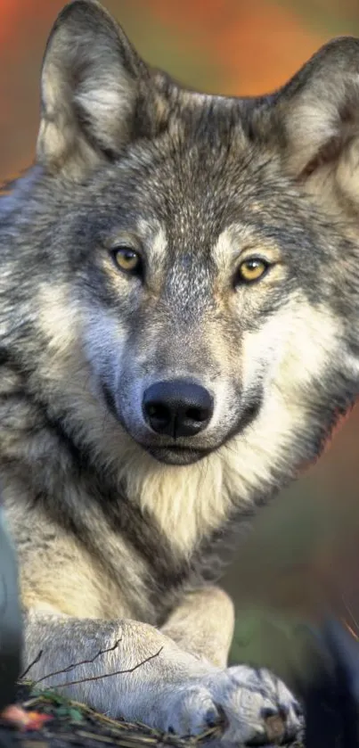 Close-up of a majestic gray wolf in an autumn background for mobile wallpaper.