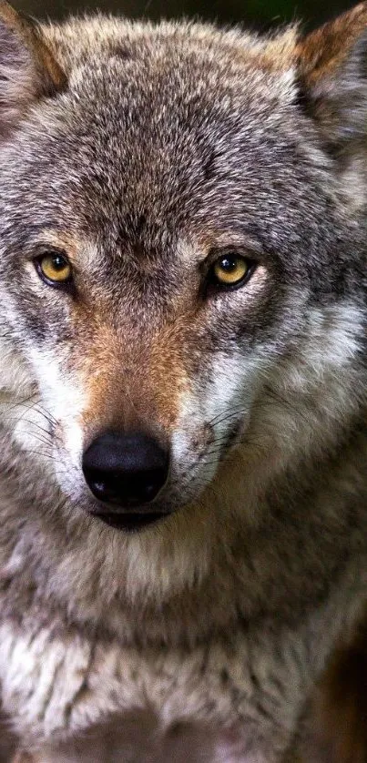 Close-up of a majestic gray wolf with piercing eyes in forest setting.