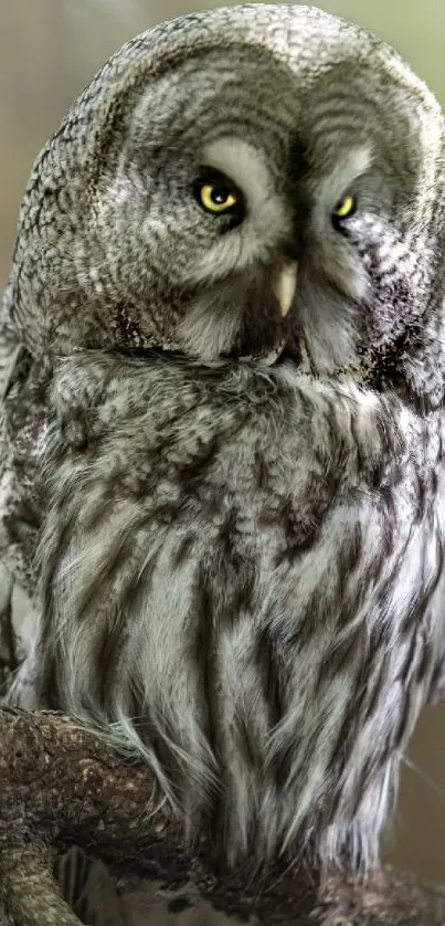 Great grey owl perched on a branch with a blurred natural background.