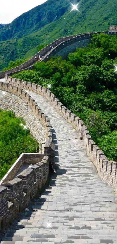 Great Wall of China surrounded by lush green mountains.