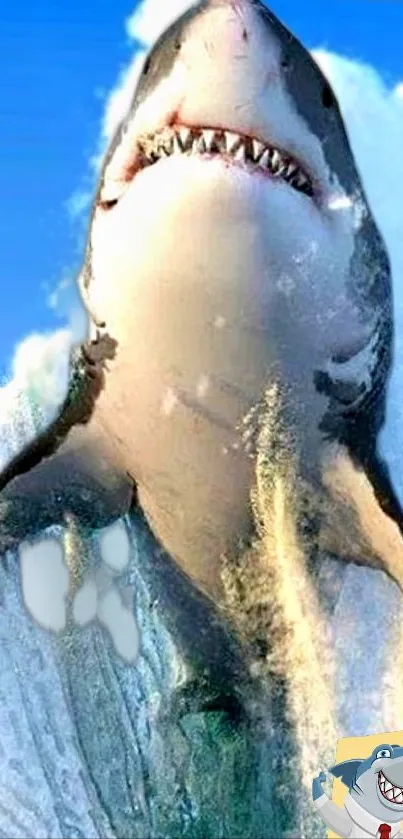 Great White Shark breaching in ocean with splashes of water.