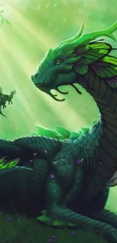 A majestic green dragon rests in a sunlit forest setting, evoking fantasy and serenity.