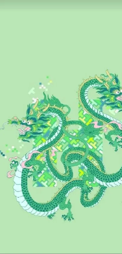 Artistic green dragon on light green background mobile wallpaper.