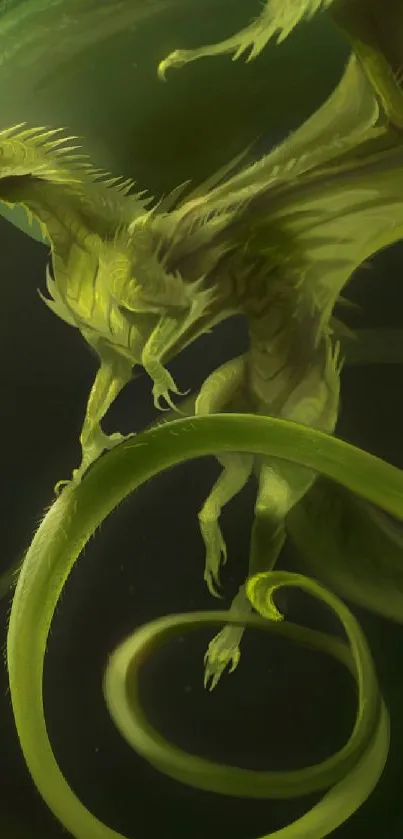 Green dragon illustration on a dark background for mobile wallpaper.