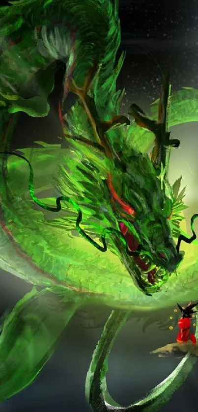 Majestic green dragon with a vibrant fantasy background.