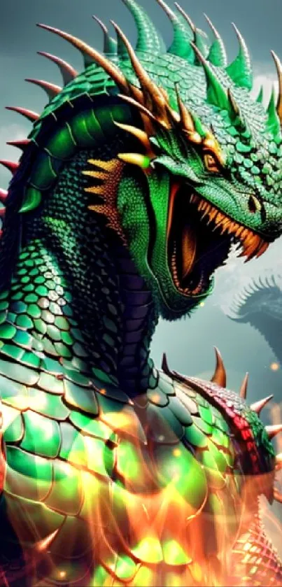 Intricate green dragon wallpaper art with vibrant scales and mythical presence.