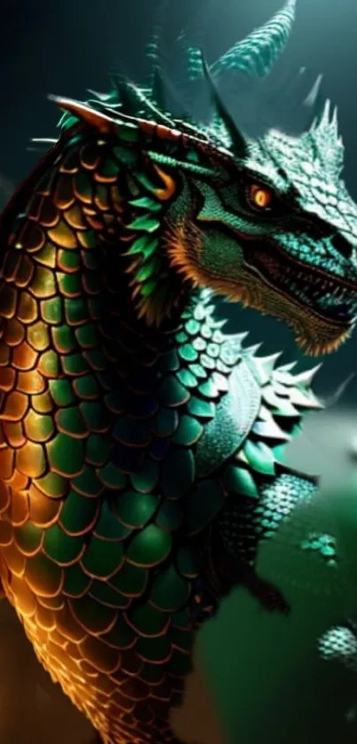 Vibrant green dragon artwork with glowing scales and teal hues in a fantasy style.