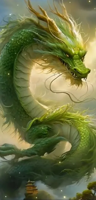 Majestic green dragon soaring in mystical sky wallpaper.