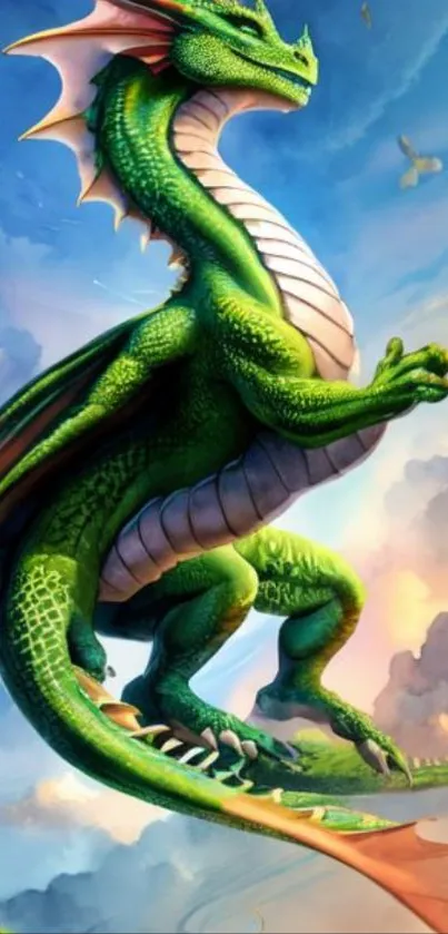 Vibrant fantasy green dragon soaring in a colorful sky.