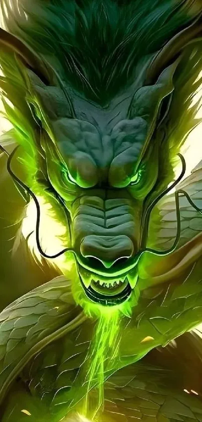 Detailed green dragon mobile wallpaper with glowing eyes and mythical features.