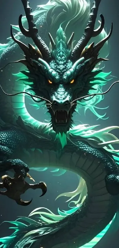 Majestic green dragon with glowing eyes