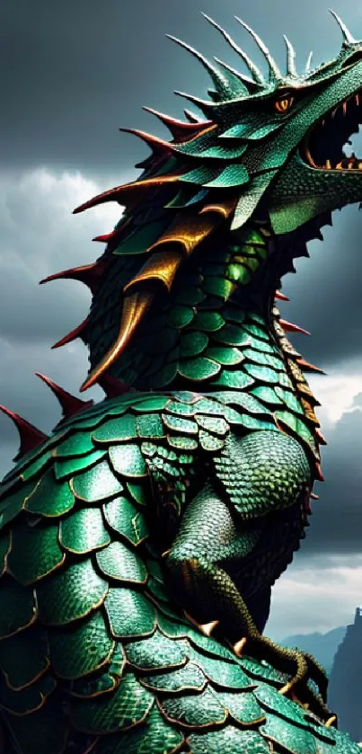 Majestic green dragon with fierce expression set against a cloudy sky, exuding power.