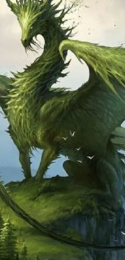 Majestic green dragon on a cliff with serene sky background.