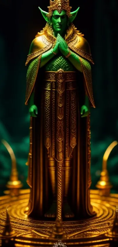 Green elf on a golden platform with mystical ambience.