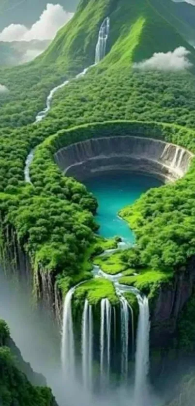 A stunning green mountain landscape with cascading waterfalls and lush vegetation.