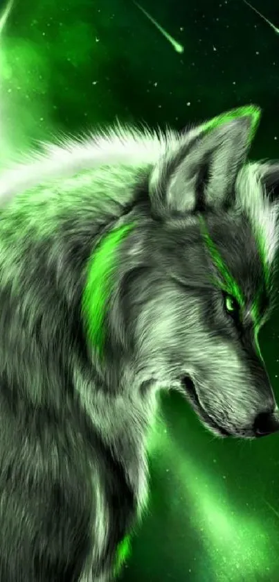 Majestic green wolf in a vibrant, celestial setting.