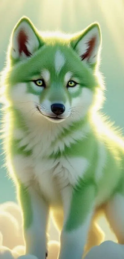 Green wolf under the sun in clouds
