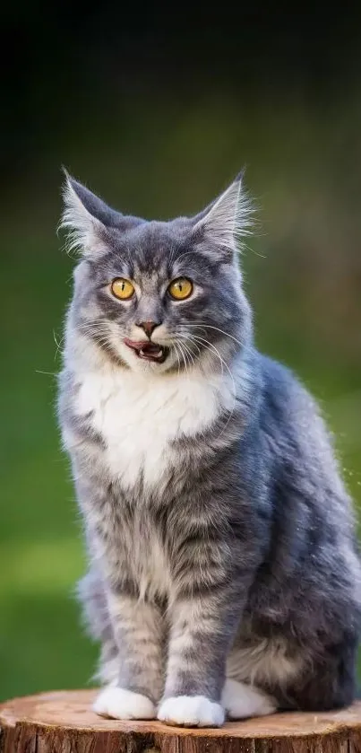 Majestic grey cat sitting on a stump with a blurred green background.