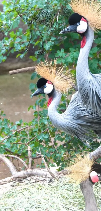 Grey crowned cranes with lush green backdrop.