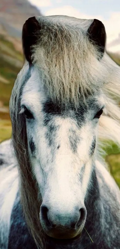 Majestic grey horse in a mountain landscape mobile wallpaper.