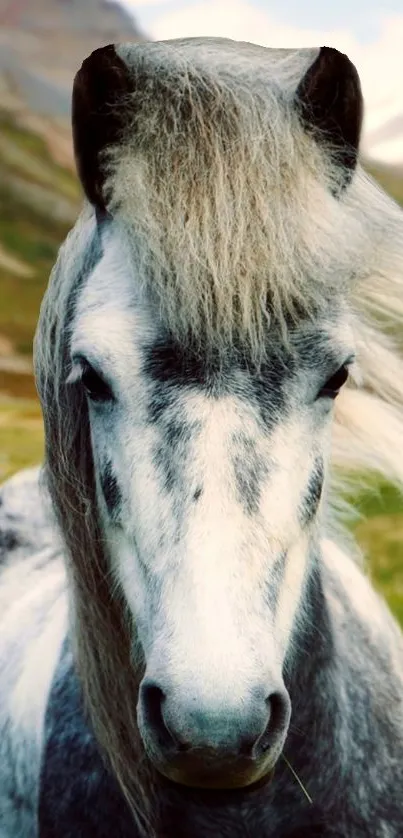 A majestic grey horse with flowing mane set against a serene natural backdrop.