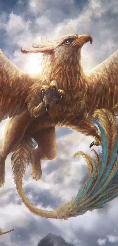 Majestic griffin soaring above clouds with vibrant feathers and mystical atmosphere.