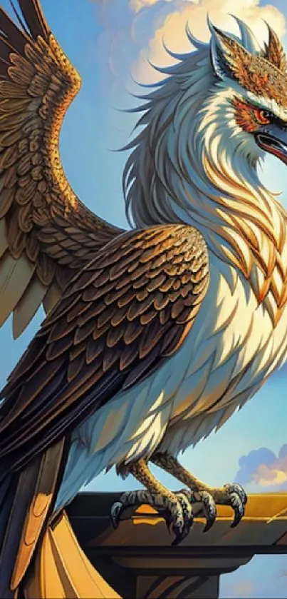 A majestic gryphon with golden feathers set against a blue sky.