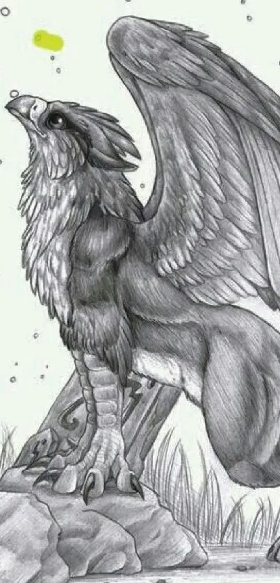 Gray and black gryphon sketch with wings spread, drawn in pencil style.